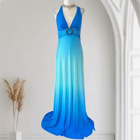 XOXO Early 2000's Mermaid Teal Blue Color Gradient Maxi Prom Dress S Made in USA - Picture 1 of 7